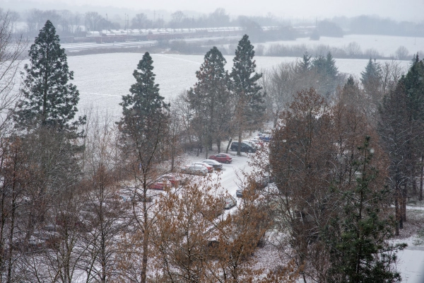 Snowy parking lot during winter morning in a quiet town.