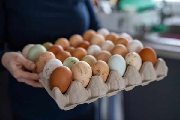 Freshly collected farm eggs in a cardboard tray.
