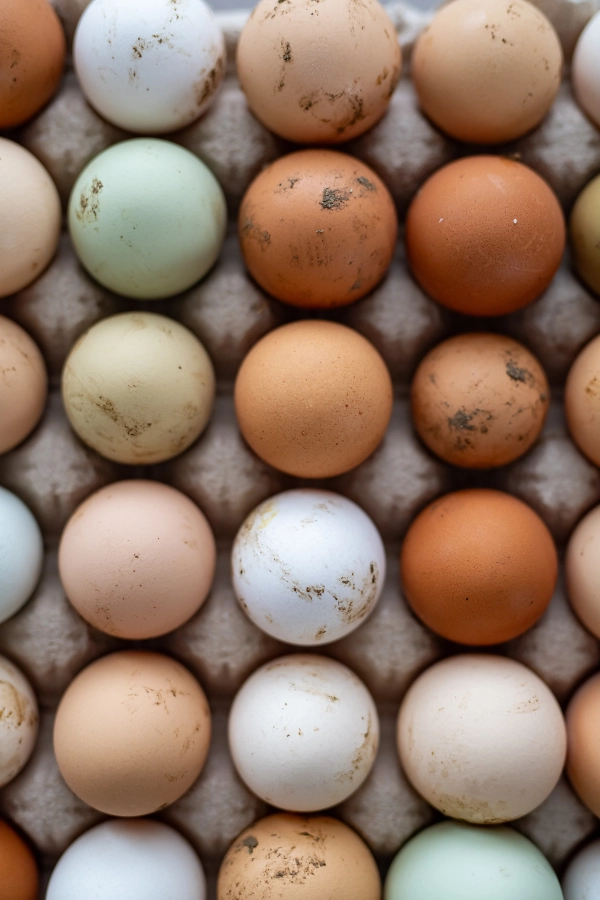 Tray of farm eggs with natural dirt spots, top view.