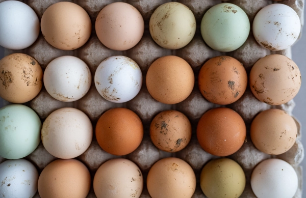 Tray of farm eggs with natural dirt spots, top view.